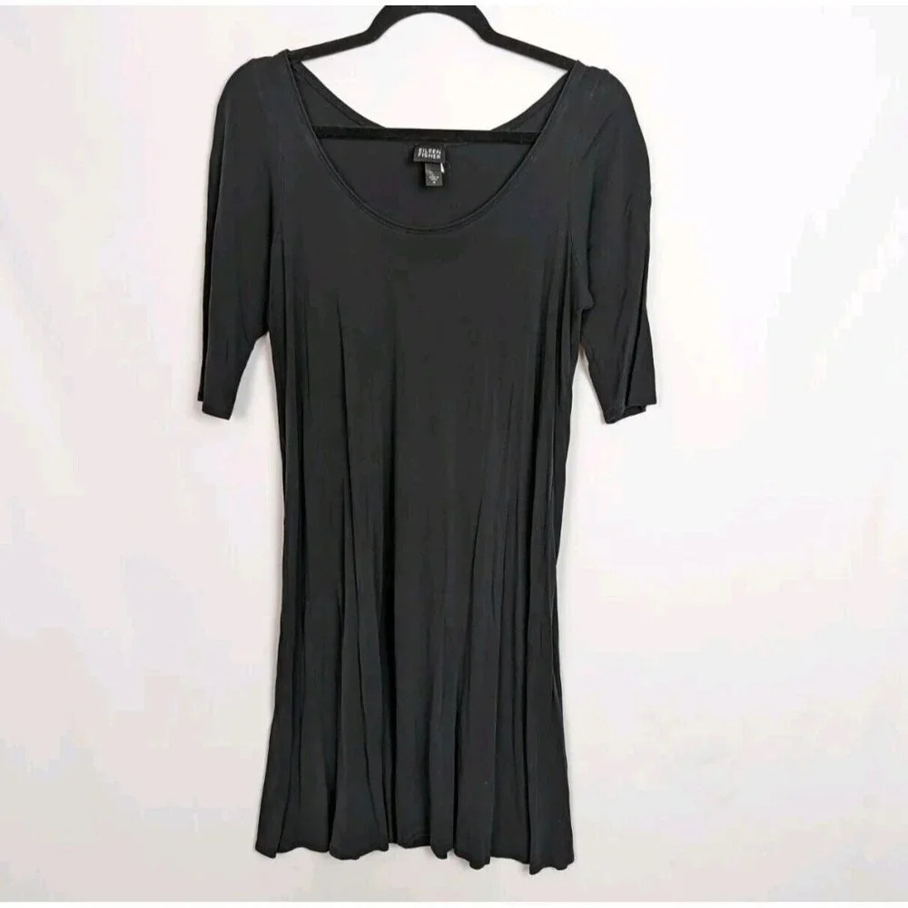 Silk EILEEN FISHER M Scoop Neck Shift Slip Dress Short Sleeves Solid Black
